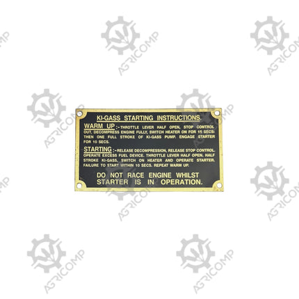 Ki-Gass Starting Instruction Badge Plate Ferguson Tractor TEA20 TEF20 FE35 Includes Rivets